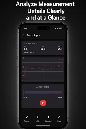 Saved recording in the Sound Meter app with min, average and max values, a level chart and audio playback