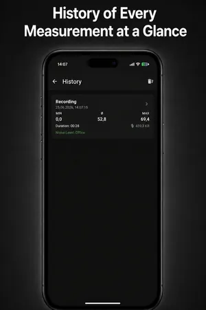 History screen of the Sound Meter app listing a saved measurement with its values and duration