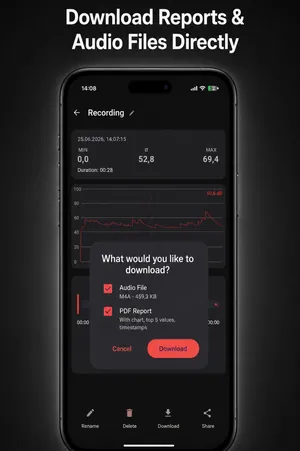 Download dialog in the Sound Meter app to save the audio file and a PDF report with chart and peak values
