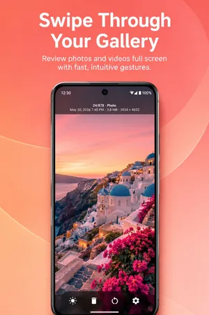 UpNDown app showing one photo full screen with its position, date, file size and resolution at the top