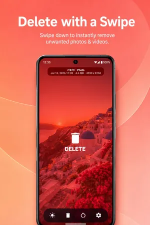 UpNDown app: swiping a photo down marks it red with a trash icon and the word Delete