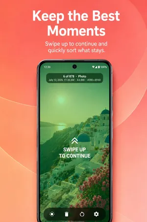 UpNDown app: swiping a photo up tints it green with the hint Swipe up to continue