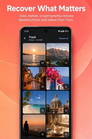Trash in the UpNDown app with deleted photos that can be restored one by one or all at once