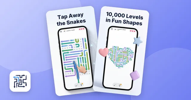 Two screens of Snake Escape: a finger taps a neon snake off a crowded board, and a board in the shape of a heart