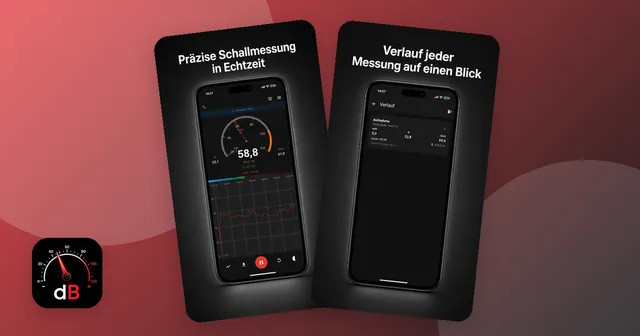 Zwei Bildschirme des Schallpegelmessers: eine Live-Messung mit Zeigeranzeige und der Verlauf gespeicherter Messungen