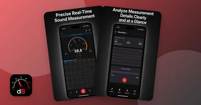 Two screens of the Sound Meter app: a live measurement of 58.8 dB on a gauge and a saved recording with min, average and max values