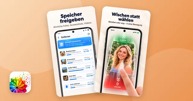 Zwei Bildschirme der Galerie-App: die Aufräum-Übersicht mit ähnlichen Fotos, Screenshots und großen Videos und das Aussortieren per Wischen