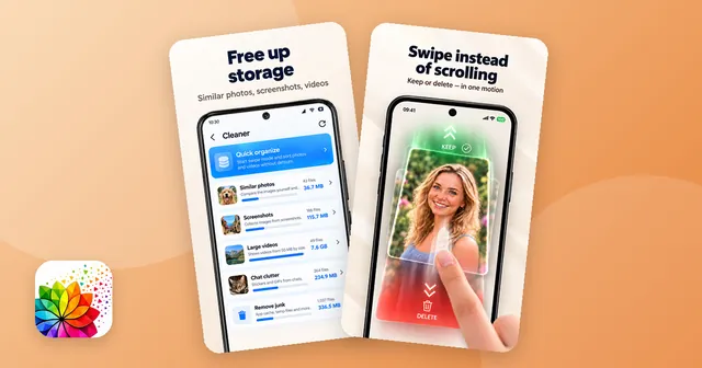 Two screens of the Photo Gallery app: the cleaner overview with similar photos, screenshots and large videos, and quick organize by swiping