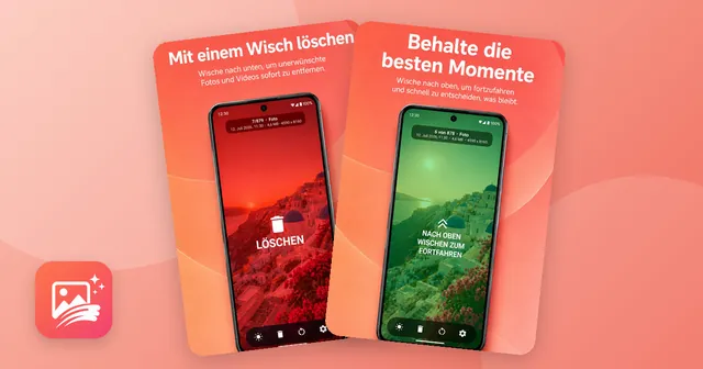 Zwei Bildschirme der App UpNDown: Foto nach unten wischen färbt es rot zum Löschen, nach oben wischen grün zum Behalten