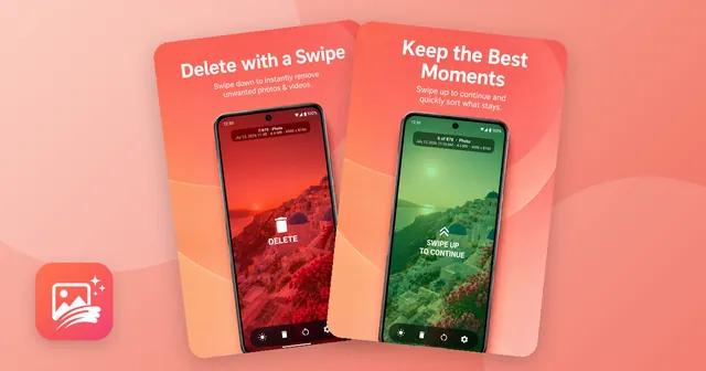Two screens of the UpNDown app: swiping a photo down marks it red for deleting, swiping up tints it green to keep it