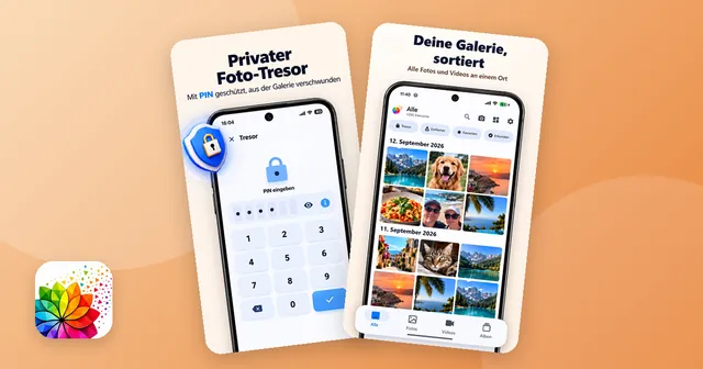 Zwei Bildschirme der Galerie-App: die PIN-Eingabe des privaten Foto-Tresors und das Fotoraster der Galerie