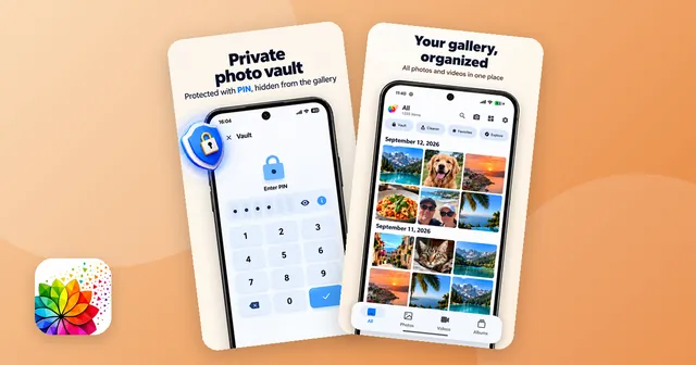 Two screens of the Photo Gallery app: the PIN entry of the private photo vault and the photo grid of the gallery