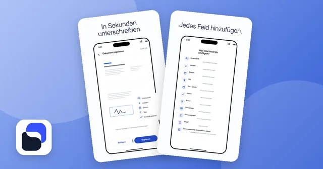 Zwei Bildschirme der App PDF unterschreiben: ein Dokument mit Auswahl für Unterschrift, Initialen, Datum und Text sowie die Liste aller Felder