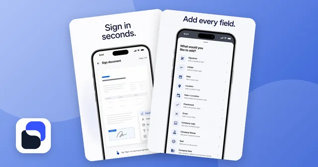 Two screens of the Sign PDF app: a document with the menu for signature, initials, date and text, and the list of fields you can add