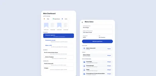 Zwei Bildschirme der App PDF unterschreiben: die Startseite mit zuletzt geöffneten Dateien und das Profil mit gespeicherter Unterschrift