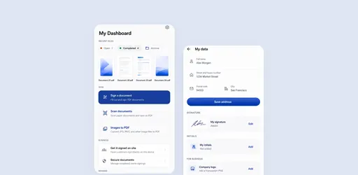 Two screens of the Sign PDF app: the dashboard with recent files and the profile with the saved signature