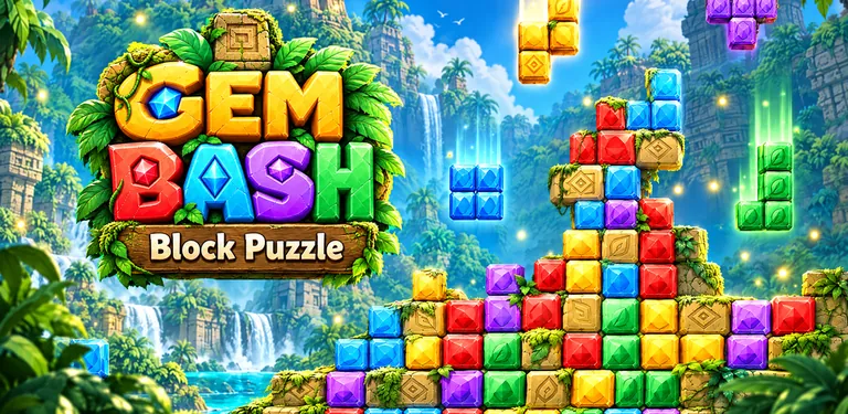 Gem Bash graphic: the Gem Bash logo with the sign Block Puzzle in front of a jungle with waterfalls and stacked gem blocks