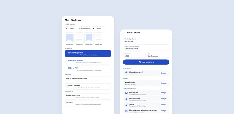 Zwei Bildschirme der App PDF unterschreiben: die Startseite mit zuletzt geöffneten Dateien und das Profil mit gespeicherter Unterschrift
