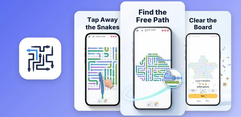 Snake Escape: Brain Puzzle – App-Symbol und drei Bildschirme: Schlangen wegtippen, freien Weg finden, Brett abräumen