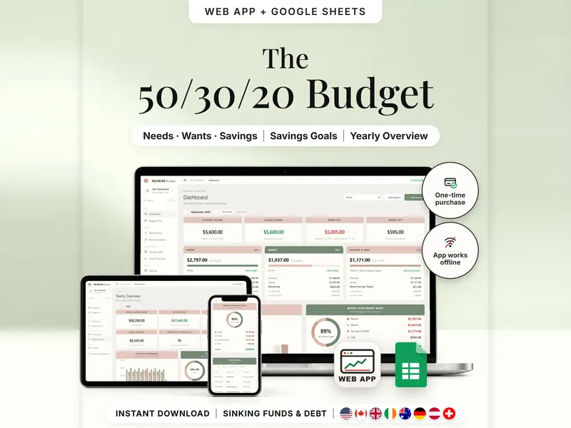 The 50/30/20 Budget: September 2026 dashboard on laptop, tablet and phone – planned income $5,600.00, money out $5,005.00, money left $595.00