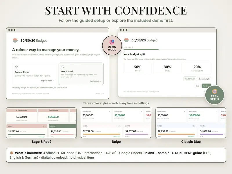 Start with confidence: welcome screen with Explore Demo or Get Started, setup step 2 of 5 (50% / 30% / 20%) and three color styles