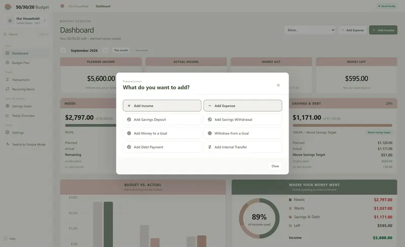 What do you want to add? dialog: Add Income, Add Expense, Add Savings Deposit, Add Money to a Goal, Add Debt Payment, Add Internal Transfer