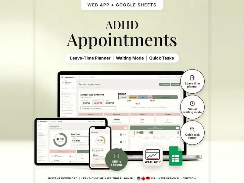ADHD Appointments: Doctor appointment at 2:00 PM with get ready 1:05 PM and leave 1:25 PM, plus waiting mode on a tablet and a phone