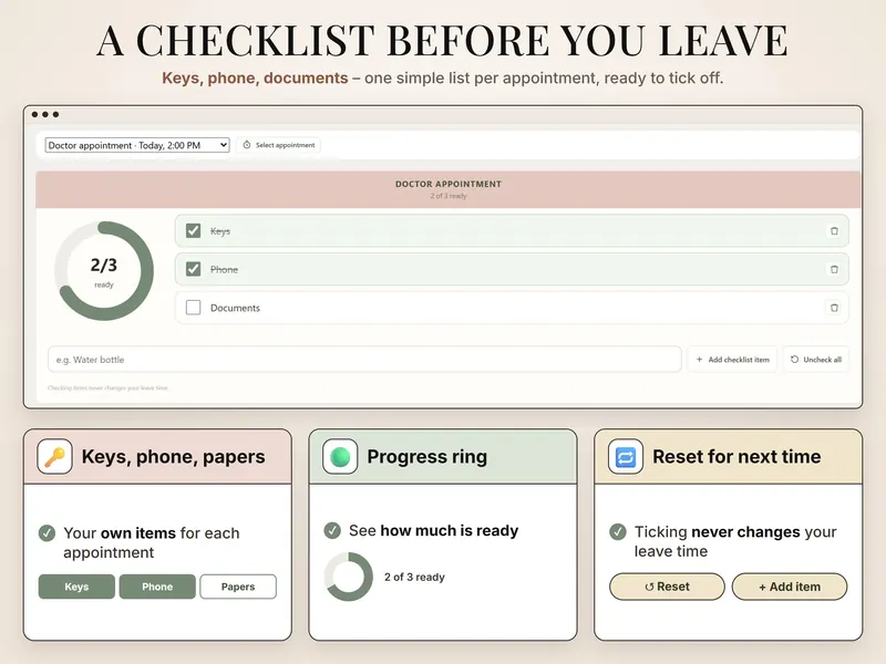 Checklist before you leave: Doctor appointment checklist with Keys and Phone ticked and Documents still open, 2 of 3 ready