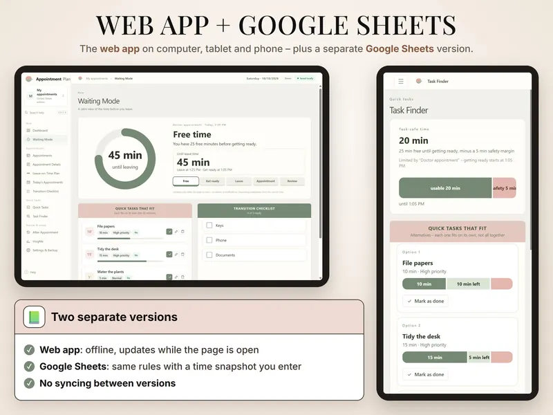 Web app and Google Sheets: Waiting Mode with 45 min until leaving on a tablet and the Task Finder with 20 min task-safe time on a phone