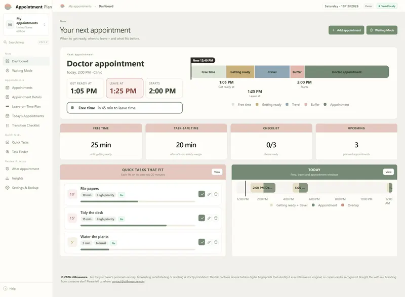 Dashboard: Doctor appointment today at 2:00 PM, get ready 1:05 PM, leave 1:25 PM, 25 min free, 20 min task-safe, 3 upcoming