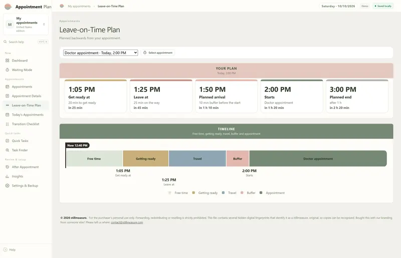Leave-on-Time Plan: 1:05 PM get ready, 1:25 PM leave, 1:50 PM planned arrival, 2:00 PM start, 3:00 PM planned end