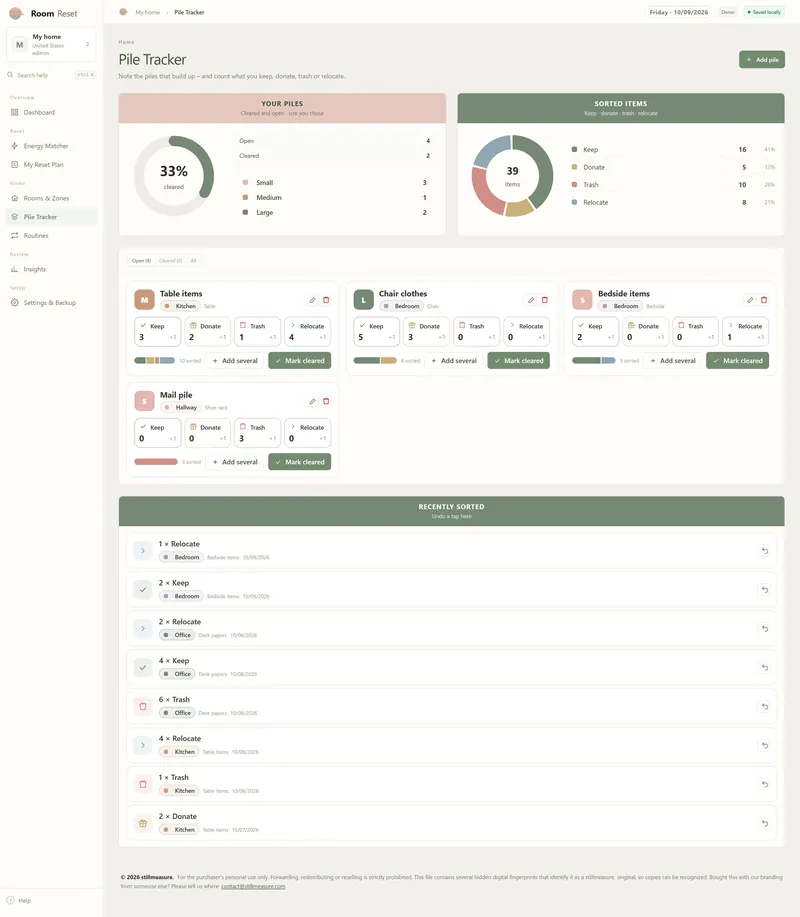 Pile Tracker page: 33% cleared, piles by size, 39 sorted items and cards for table items, chair clothes and a mail pile