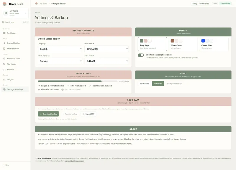 Settings & Backup: US edition formats, Rosy Sage, Warm Cream and Classic Blue themes, demo controls and backup buttons