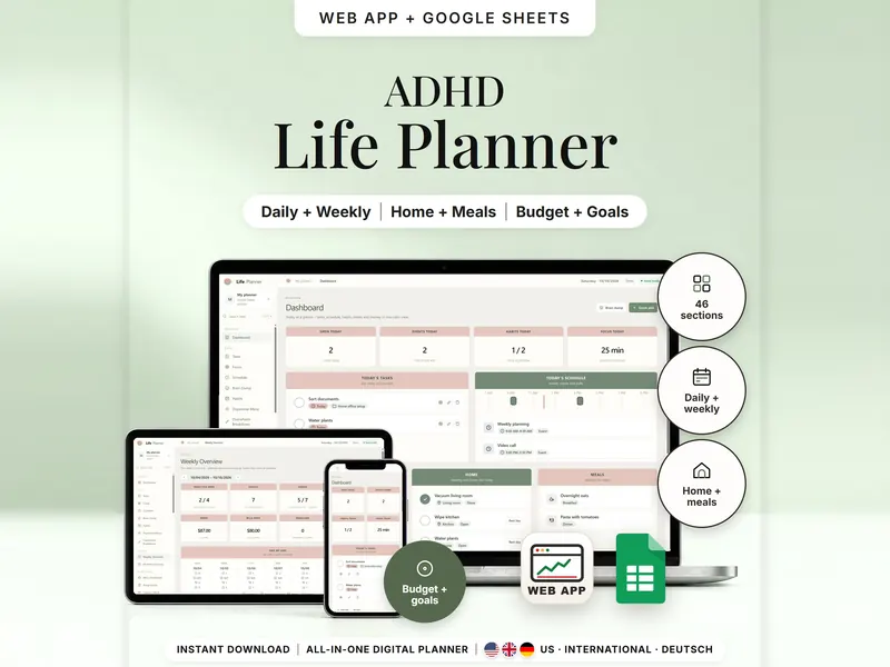 ADHD Life Planner: dashboard on a laptop – 2 open today, 2 events, habits 1/2, 25 min focus – weekly overview on a tablet