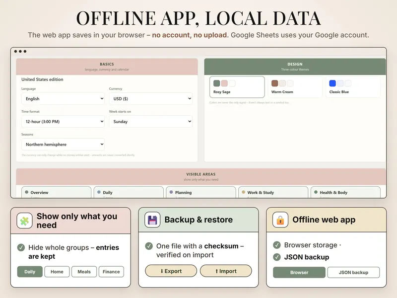 Offline app, local data: Settings with US edition, USD, 12-hour clock, three color themes and visible-area switches