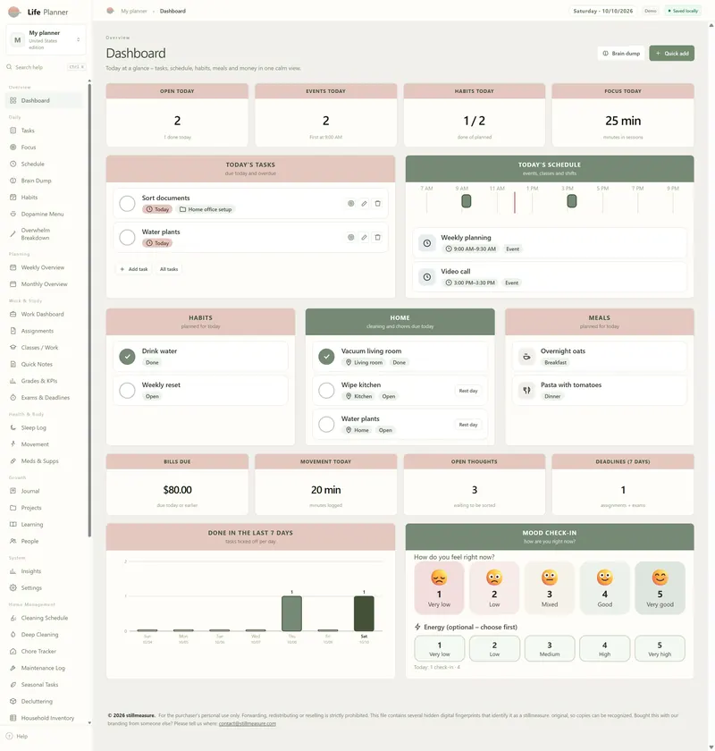 Dashboard for Saturday 10/10/2026: tiles, today's tasks, schedule, habits, home chores, meals and a mood check-in