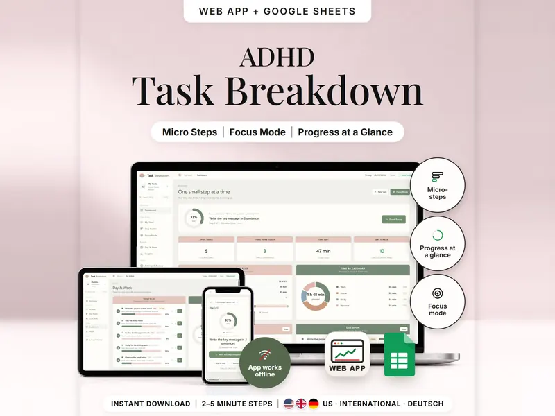 ADHD Task Breakdown: dashboard on a laptop – 5 open tasks, 3 steps done today, 47 min left – with Focus Mode on a phone