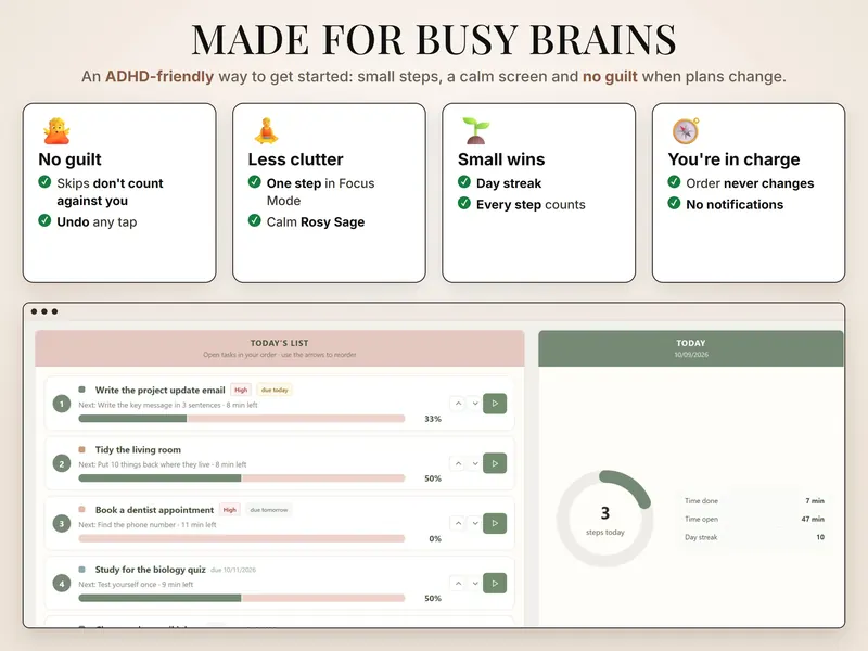 Made for busy brains: cards for no guilt, less clutter, small wins and you're in charge, above today's list of tasks