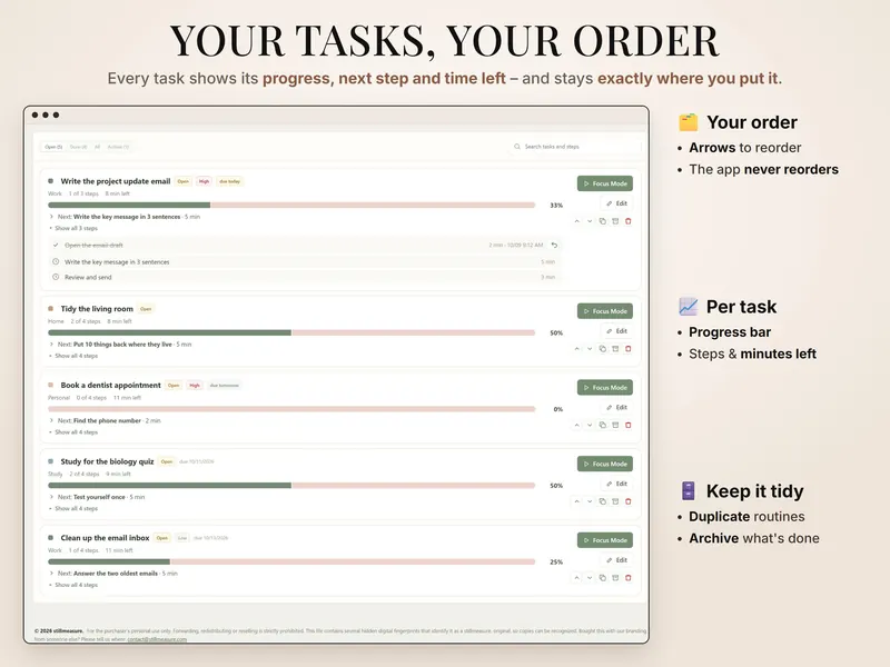 Your tasks, your order: My Tasks with five open tasks, progress from 0% to 50%, next step and minutes left for each