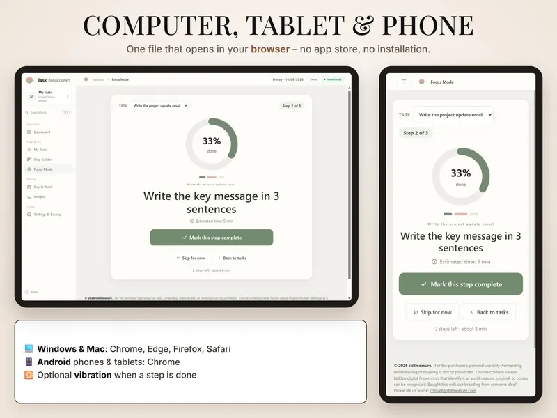 Computer, tablet & phone: Focus Mode on a tablet and a phone, with Chrome, Edge, Firefox and Safari on computers, Chrome on Android