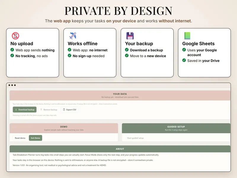Private by design: cards for no upload, works offline, your backup and Google Sheets, above the Your data panel
