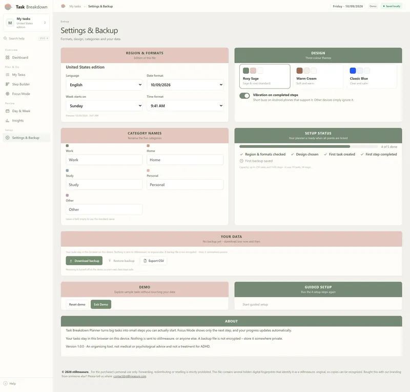 Settings & Backup with US formats, three color themes, five category names, setup status and Download backup