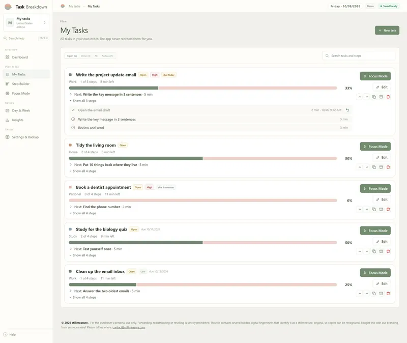 My Tasks with five open tasks, each with a progress bar, the next step, minutes left and a Focus Mode button