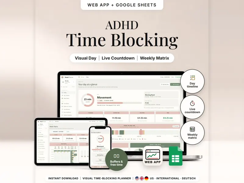 ADHD Time Blocking: today page on a laptop – Movement with 23 min left, 1 h 10 min buffer, 6 h 35 min occupied, 8 h 25 min free