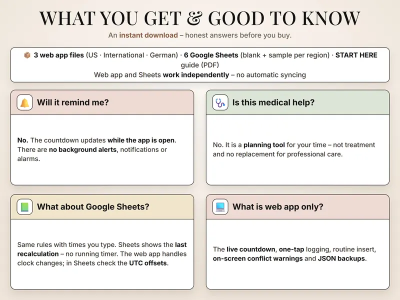 What you get & good to know: 3 web app files, 6 Google Sheets, START HERE guide, and answers on countdown and Sheets