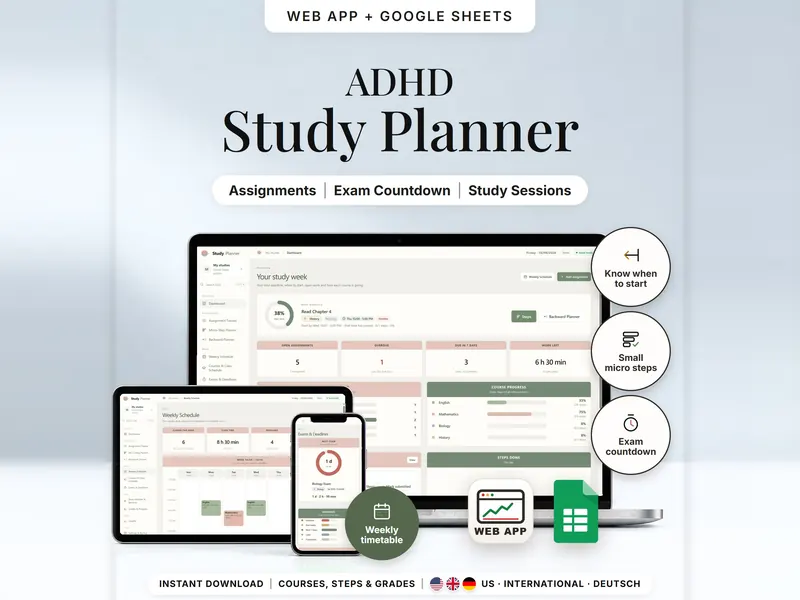 Study Planner: dashboard with 5 open assignments, 1 overdue and 6 h 30 min of work left, plus weekly schedule and exam countdown