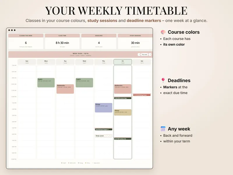 Weekly timetable for 10/04–10/10: 6 classes, 8 h 30 min class time, 4 deadlines and 30 min of study sessions in a grid