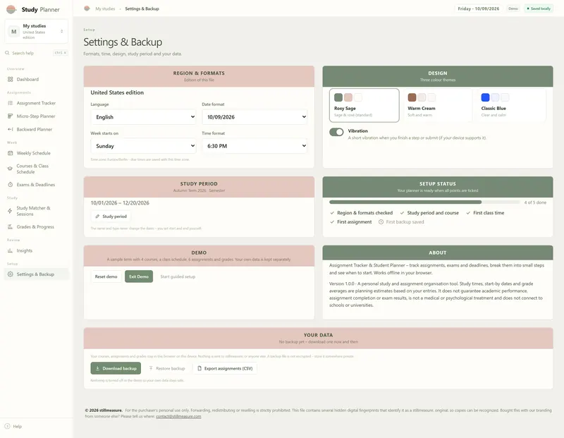 Settings & Backup: US edition formats, three color themes, study period 10/01–12/20/2026 and the Download backup button