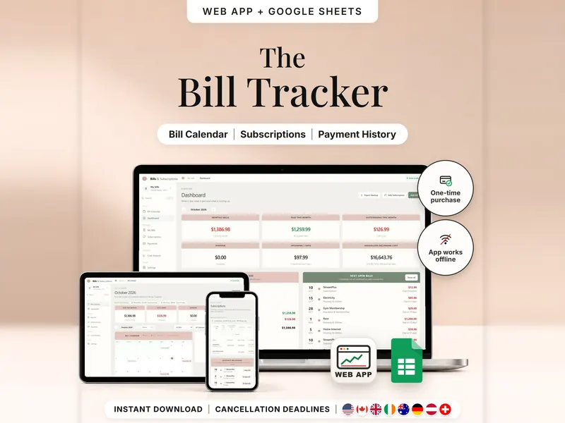 The Bill Tracker: web app on laptop, tablet and phone – monthly bills $1,386.98, paid this month $1,259.99, outstanding $126.99