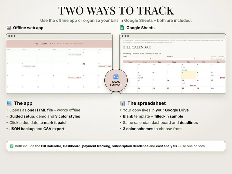 Two ways to track: October 2026 bill calendar in the web app beside the Google Sheets bill calendar with paid marks and open amounts